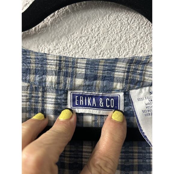 ERIKA & Co Plus Size Medium Short‎ Sleeve Button Blouse Blue/White Plaid Check - Picture 7 of 11